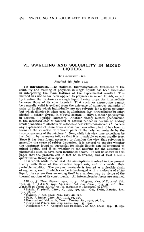 VI. Swelling and solubility in mixed liquids