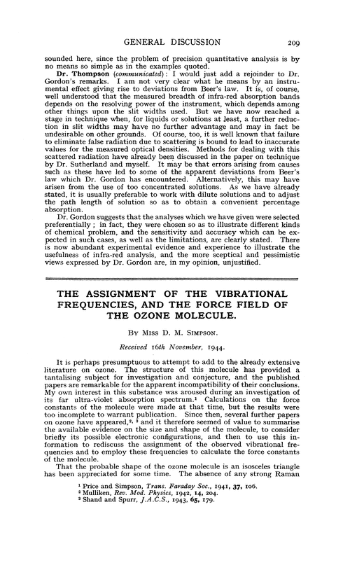 The assignment of the vibrational frequencies, and the force field of the ozone molecule