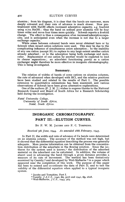 Inorganic chromatography. Part III.—Elution curves