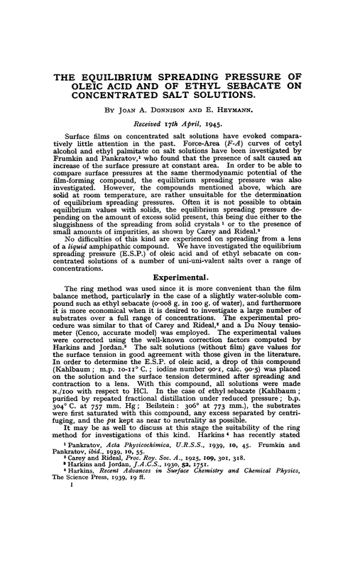 The equilibrium spreading pressure of oleic acid and of ethyl sebacate on concentrated salt solutions