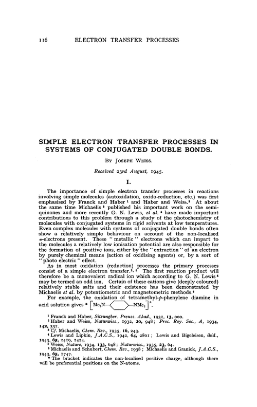 Simple electron transfer processes in systems of conjugated double bonds