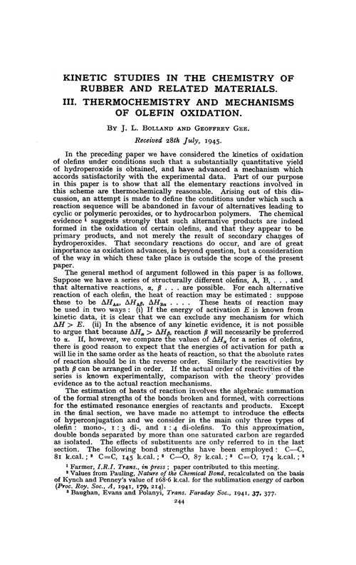 Kinetic studies in the chemistry of rubber and related materials. III. Thermochemistry and mechanisms of olefin oxidation