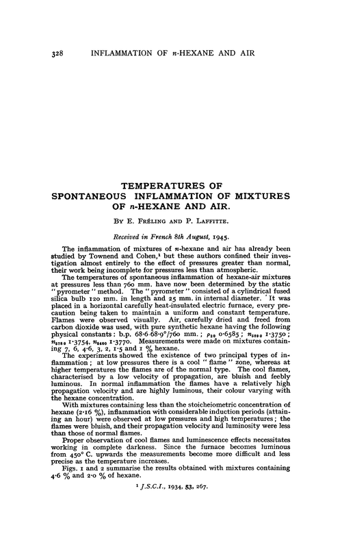 Temperatures of spontaneous inflammation of mixtures of n-hexane and air