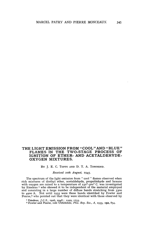 The light emission from “cool” and “blue” flames in the two-stage process of ignition of ether- and acetaldehyde-oxygen mixtures