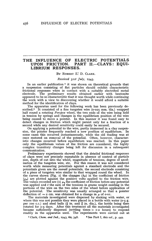 The influence of electric potentials upon friction. Part II.—Clays: equilibrium responses