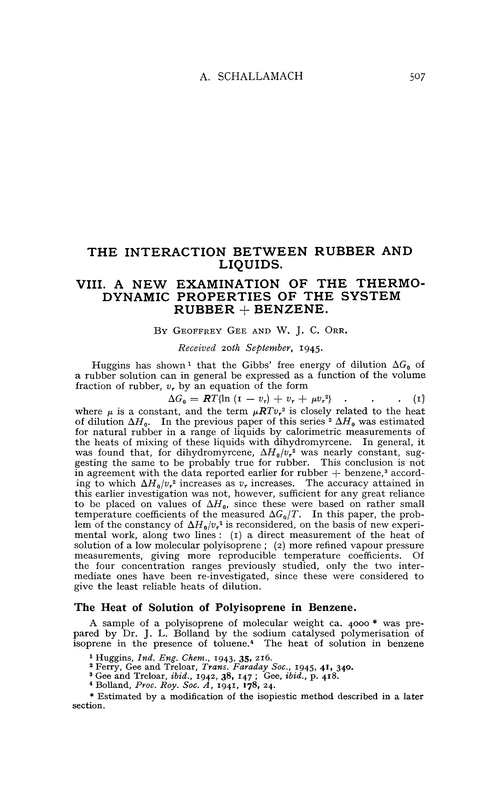 The interaction between rubber and liquids. VIII. A new examination of the thermodynamic properties of the system rubber + benzene