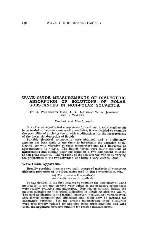 Wave guide measurements of dielectric absorption of solutions of polar substances in non-polar solvents