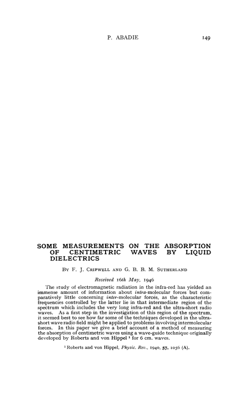 Some measurements on the absorption of centimetric waves by liquid dielectrics
