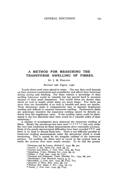 A method for measuring the transverse swelling of fibres