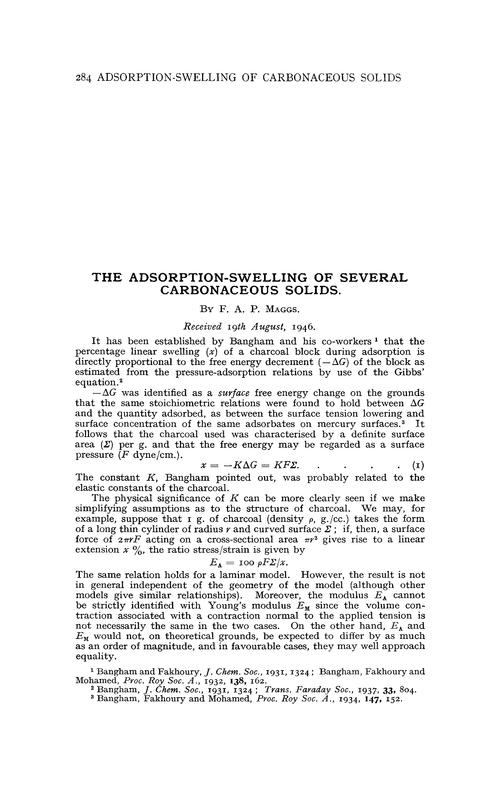 The adsorption-swelling of several carbonaceous solids