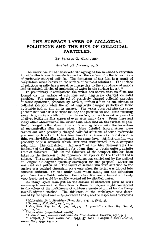 The surface layer of colloidal solutions and the size of colloidal particles