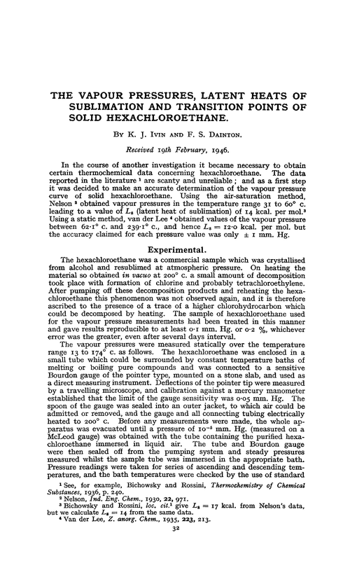 The vapour pressures, latent heats of sublimation and transition points of solid hexachloroethane
