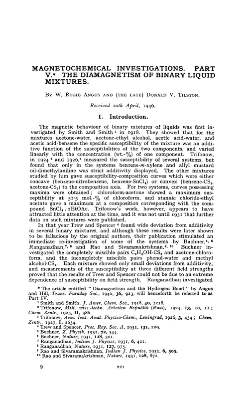 Magnetochemical investigations. Part V. The diamagnetism of binary liquid mixtures
