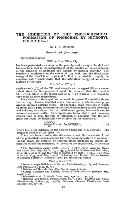 The inhibition of the photochemical formation of phosgene by nitrosyl chloride—I