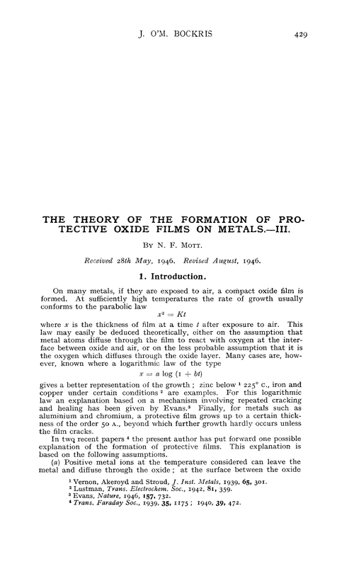 The theory of the formation of protective oxide films on metals.—III