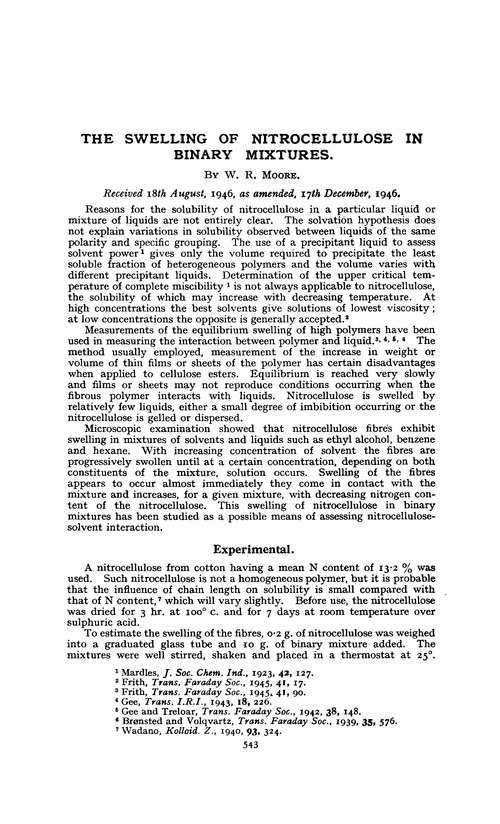 The swelling of nitrocellulose in binary mixtures