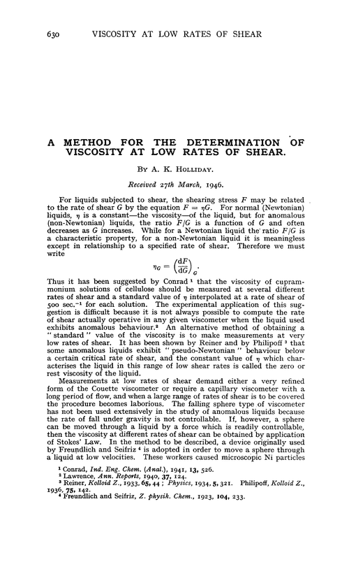 A method for the determination of viscosity at low rates of shear