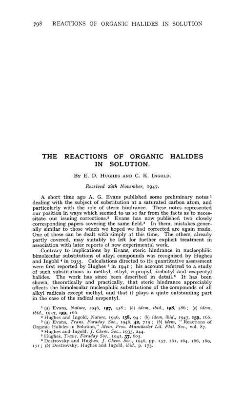 The reactions of organic halides in solution