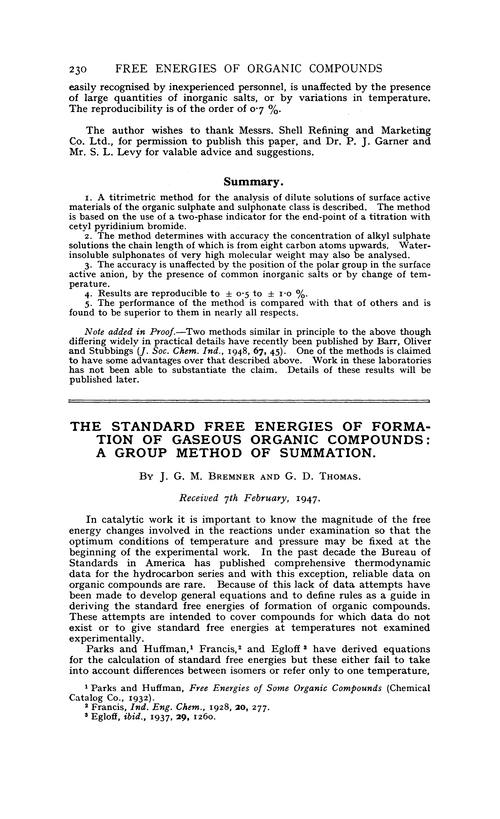 The standard free energies of formation of gaseous organic compounds: a group method of summation