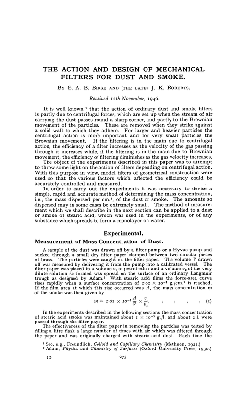 The action and design of mechanical filters for dust and smoke