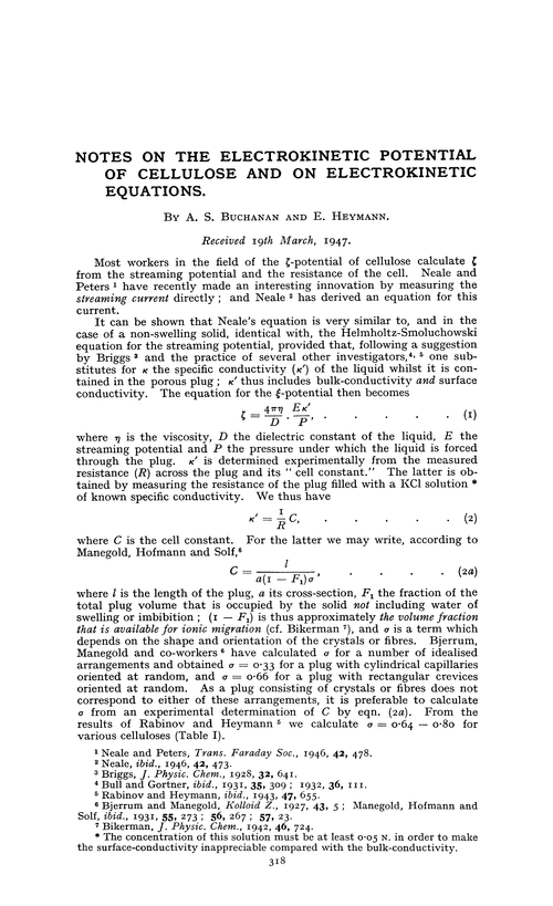 Notes on the electrokinetic potential of cellulose and on electrokinetic equations