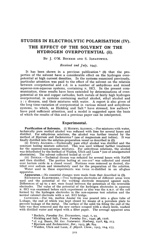 Studies in electrolytic polarisation (IV). The effect of the solvent on the hydrogen overpotential (ii)