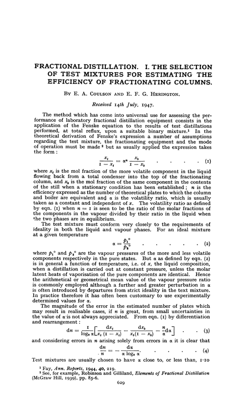 Fractional distillation. I. The selection of test mixtures for estimating the efficiency of fractionating columns