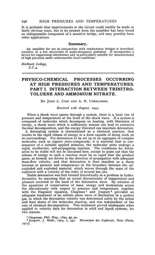Physico-chemical processes occurring at high pressures and temperatures. Part I. Interaction between trinitrotoluene and ammonium nitrate