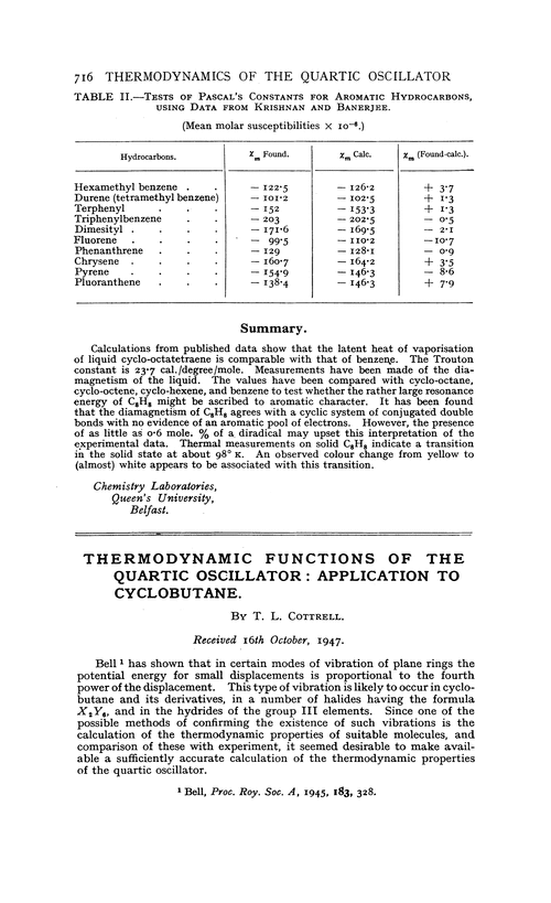 Thermodynamic functions of the quartic oscillator : application to cyclobutane