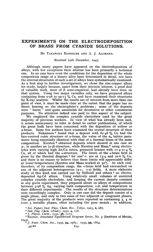 Experiments on the electrodeposition of brass from cyanide solutions