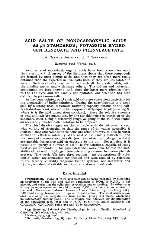 Acid salts of monocarboxylic acids as pH standards; potassium hydrogen benzoate and phenylacetate
