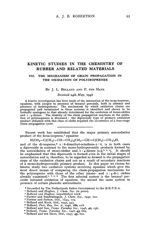 Kinetic studies in the chemistry of rubber and related materials. VII. The mechanism of chain propagation in the oxidation of polyisoprenes