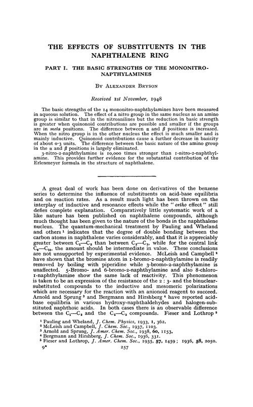 The effects of substituents in the naphthalene ring. Part I. The basic strengths of the mononitro-napthylamines