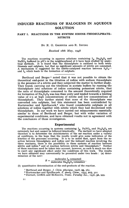 Induced reactions of halogens in aqueous solution. Part I. Reactions in the system iodine-thiosulphate-nitrite