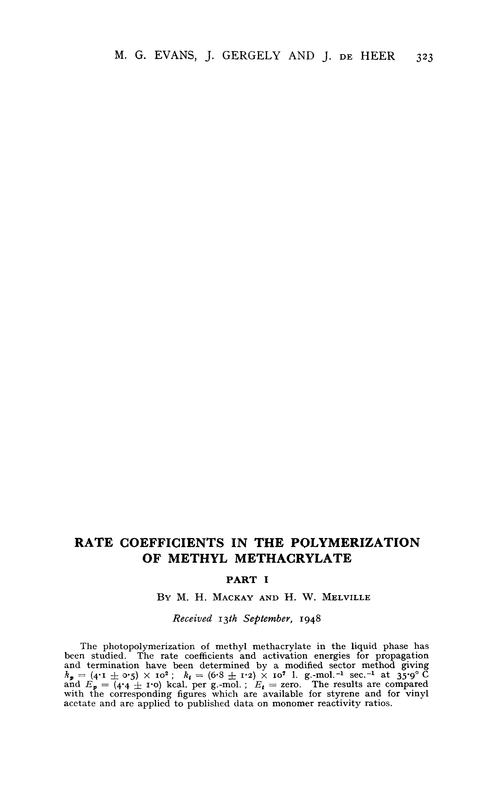 Rate coefficients in the polymerization of methyl methacrylate. Part I