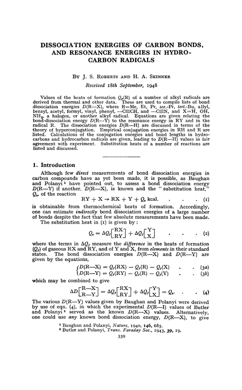 Dissociation energies of carbon bonds, and resonance energies in hydrocarbon radicals