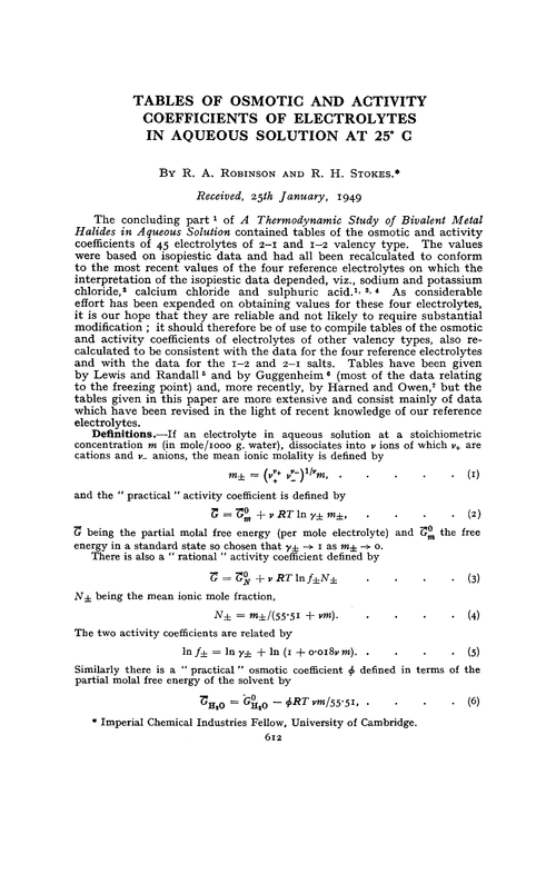 Tables of osmotic and activity coefficients of electrolytes in aqueous solution at 25° C