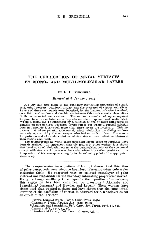 The lubrication of metal surfaces by mono- and multi-molecular layers