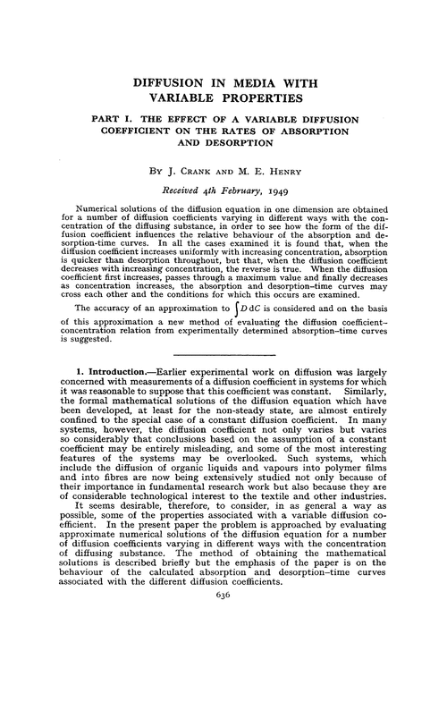 Diffusion in media with variable properties. Part I. The effect of a variable diffusion coefficient on the rates of absorption and desorption