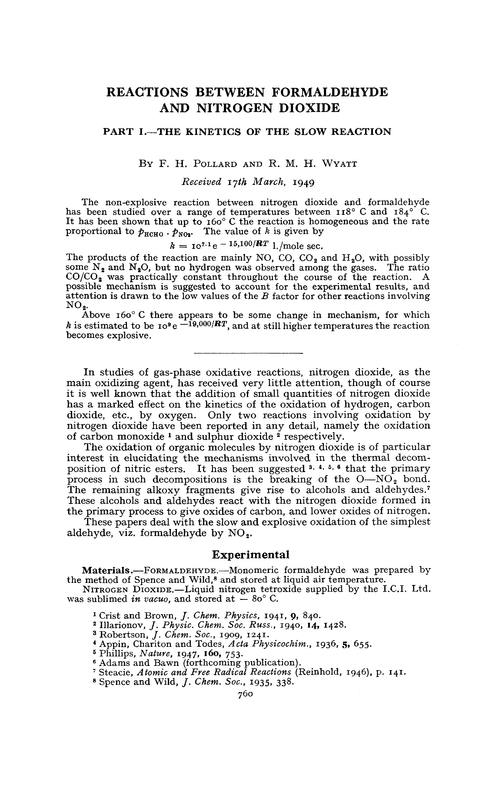 Reactions between formaldehyde and nitrogen dioxide. Part I.—the kinetics of the slow reaction