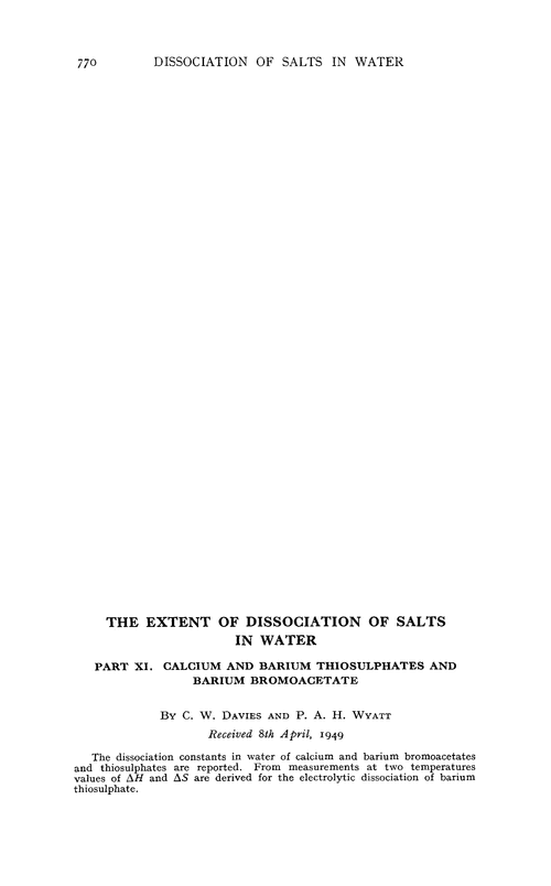 The extent of dissociation of salts in water. Part XI. Calcium and barium thiosulphates and barium bromoacetate