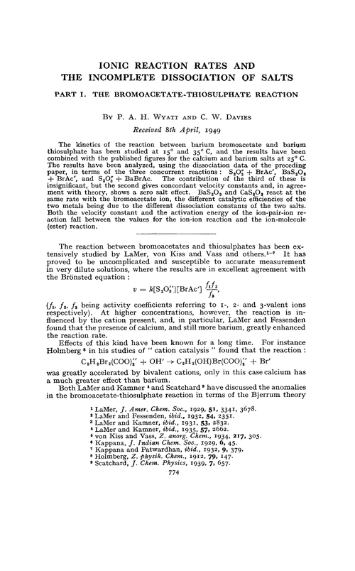 Ionic reaction rates and the incomplete dissociation of salts. Part I. The bromoacetate-thiosulphate reaction