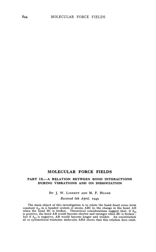 Molecular force fields. Part IX.—a relation between bond interactions during vibrations and on dissociation