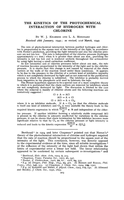 The kinetics of the photochemical interaction of hydrogen with chlorine