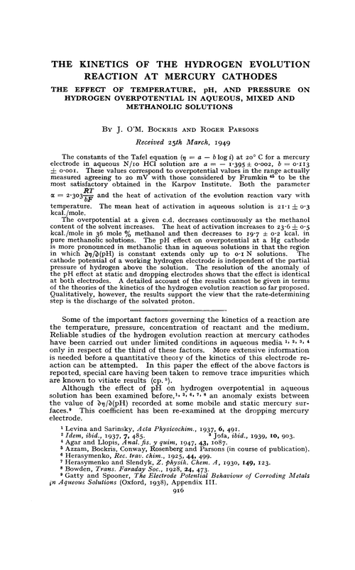 The kinetics of the hydrogen evolution reaction at mercury cathodes. The effect of temperature, pH, and pressure on hydrogen overpotential in aqueous, mixed and methanolic solutions