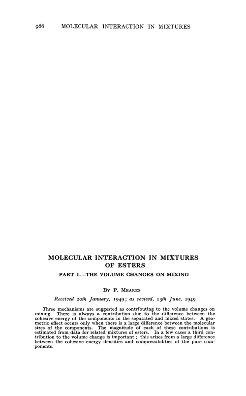 Molecular interaction in mixtures of esters. Part I.—the volume changes on mixing
