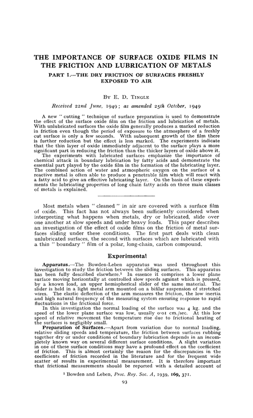 The importance of surface oxide films in the friction and lubrication of metals. Part I.—The dry friction of surfaces freshly exposed to air