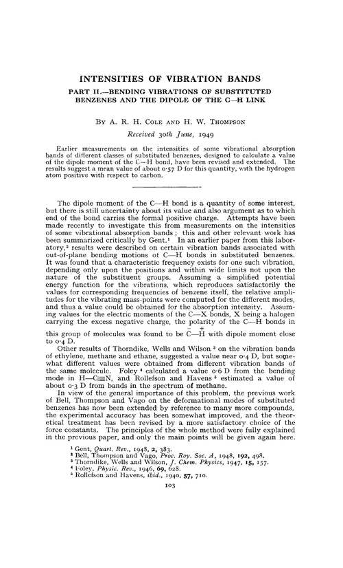 Intensities of vibration bands. Part II.—Bending vibrations of substituted benzenes and the dipole of the C—H link