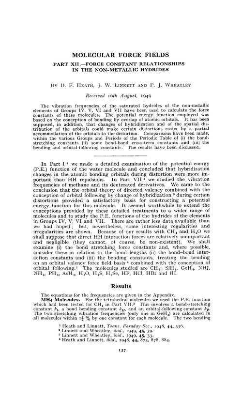 Molecular force fields. Part XII.—Force constant relationships in the non-metallic hydrides