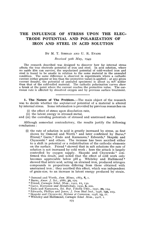 The influence of stress upon the electrode potential and polarization of iron and steel in acid solution